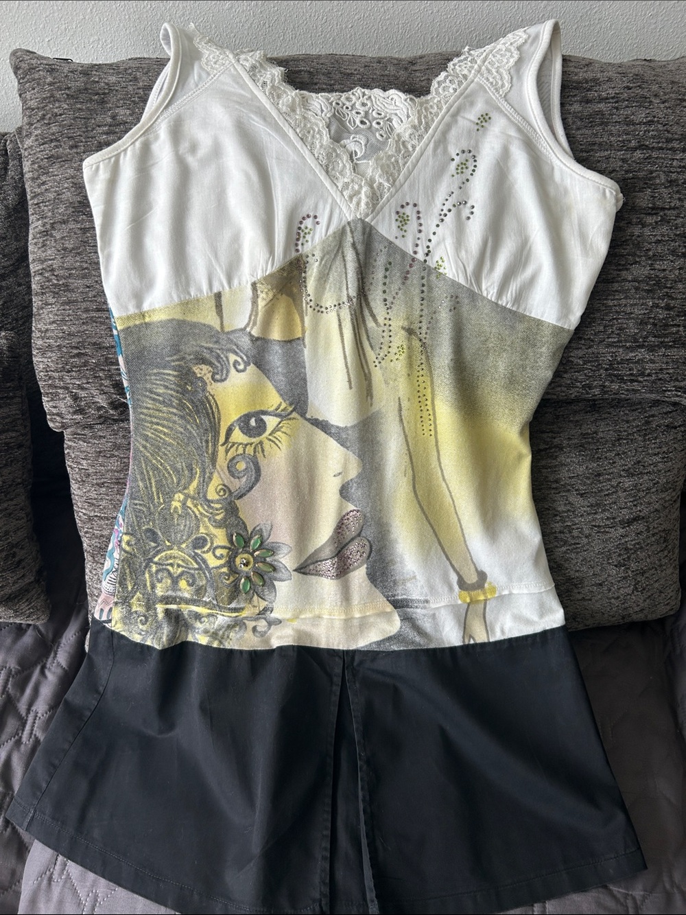 White & Yellow Graphic Lace-Trim Camisole Top